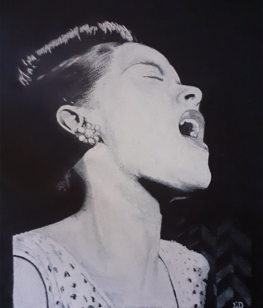 dessin de Billie Holiday au pastel blanc sur papier noir