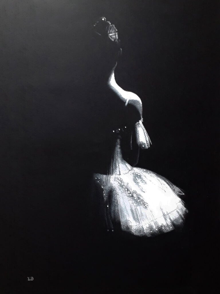 dessin de danseuse de ballet au pastel blanc sur papier noir